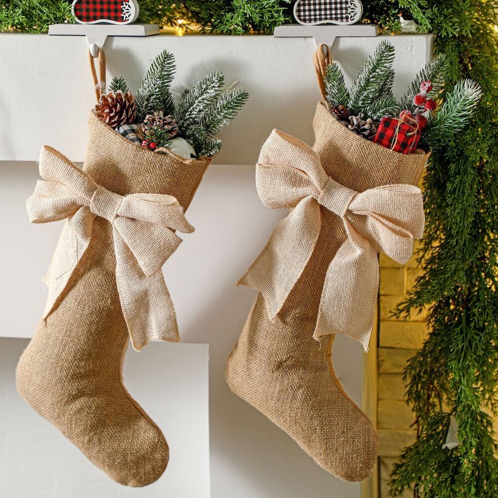 Burlap Christmas Stockings Set of 2 Rustic Farmhouse Holiday Decor Large Bow
